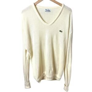 IZOD LACOSTE Vintage Union Made Cream V-Neck Sweater XL